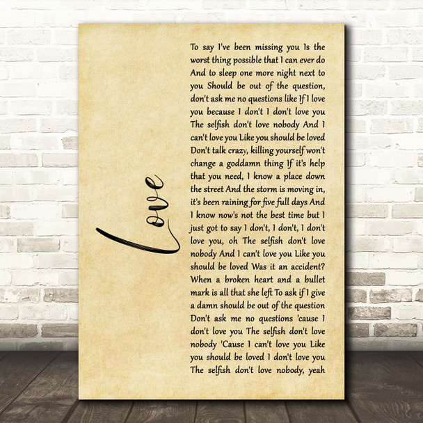 Koe Wetzel Love Rustic Script Song Lyric Print
