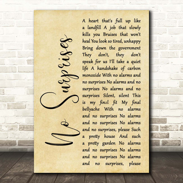 Radiohead No Surprises Rustic Script Song Lyric Print