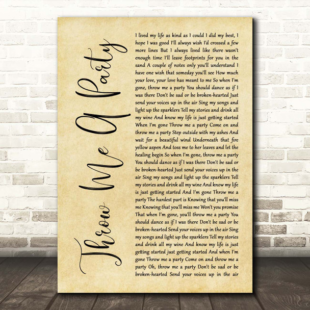 Rita Wilson Throw Me A Party Rustic Script Song Lyric Print