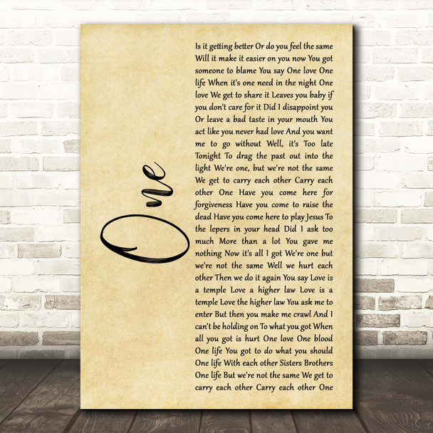 U2 One Rustic Script Song Lyric Print