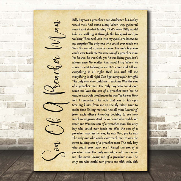 Dusty Springfield Son Of A Preacher Man Rustic Script Song Lyric Print