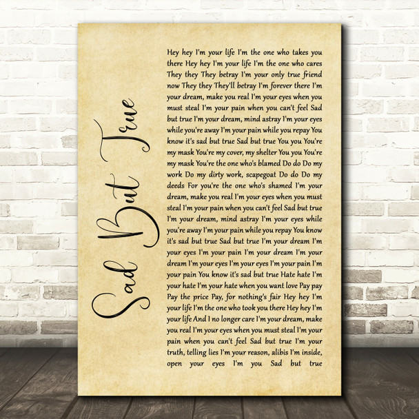 Metallica Sad But True Rustic Script Song Lyric Wall Art Print