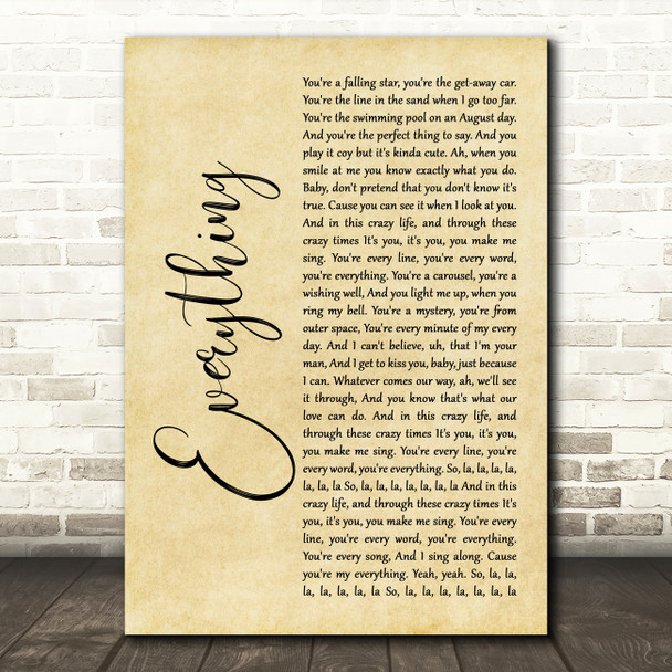 Michael Buble Everything Rustic Script Song Lyric Wall Art Print