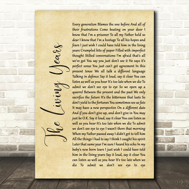 Mike + The Mechanics The Living Years Rustic Script Song Lyric Wall Art Print
