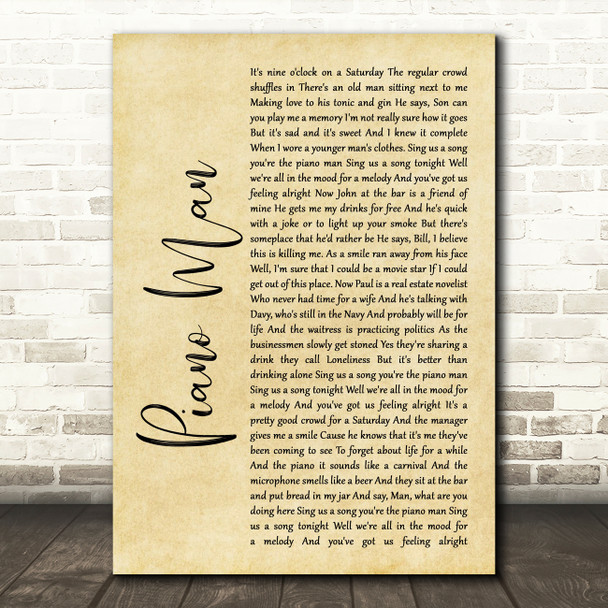 Billy Joel Piano Man Rustic Script Song Lyric Quote Music Print