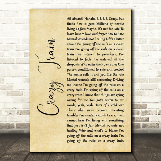 Ozzy Osbourne Crazy Train Rustic Script Song Lyric Quote Music Print
