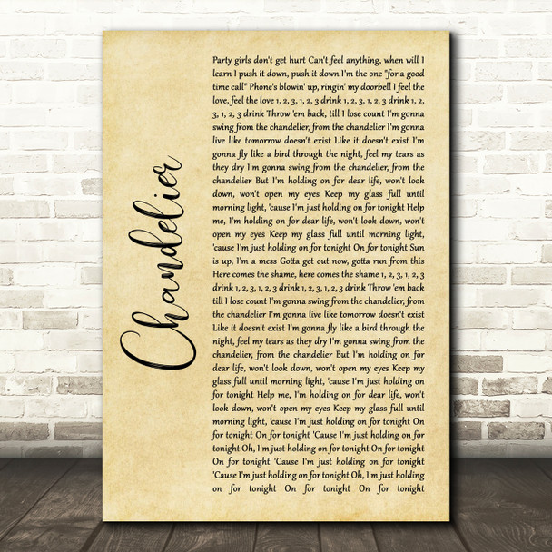 Sia Chandelier Rustic Script Song Lyric Quote Music Print