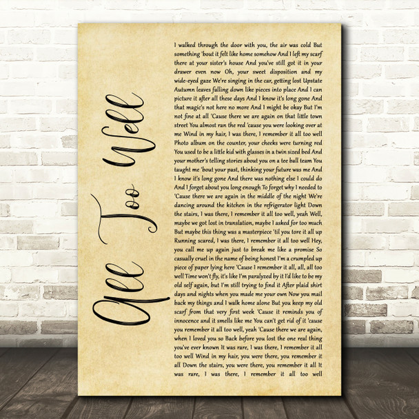 Taylor Swift All Too Well Rustic Script Song Lyric Quote Music Print