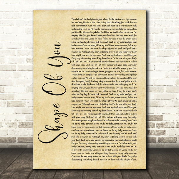 Ed Sheeran Shape Of You Rustic Script Song Lyric Quote Print