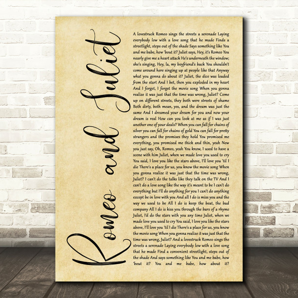 Dire Straits Romeo And Juliet Rustic Script Song Lyric Quote Print
