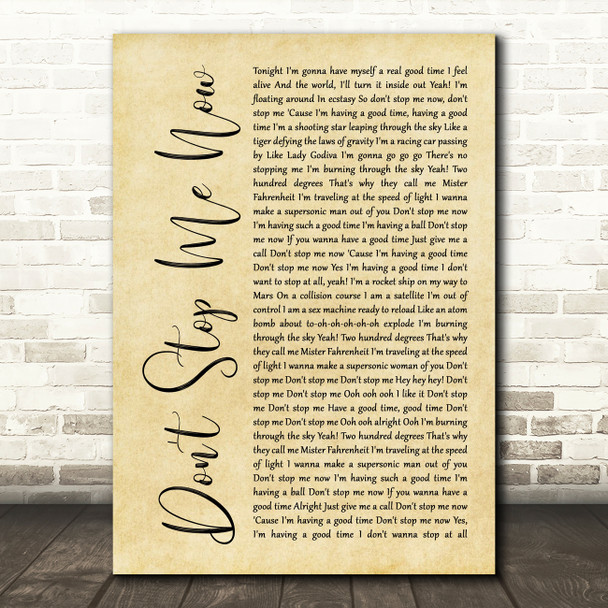 Queen Don't Stop Me Now Rustic Script Song Lyric Quote Print