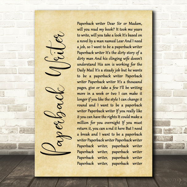The Beatles Paperback Writer Rustic Script Song Lyric Quote Print