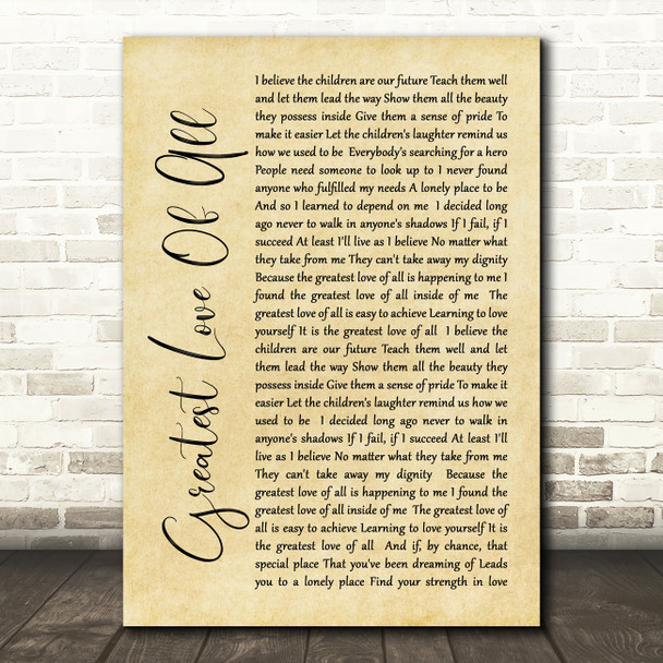 Whitney Houston Greatest Love Of All Rustic Script Song Lyric Quote Print