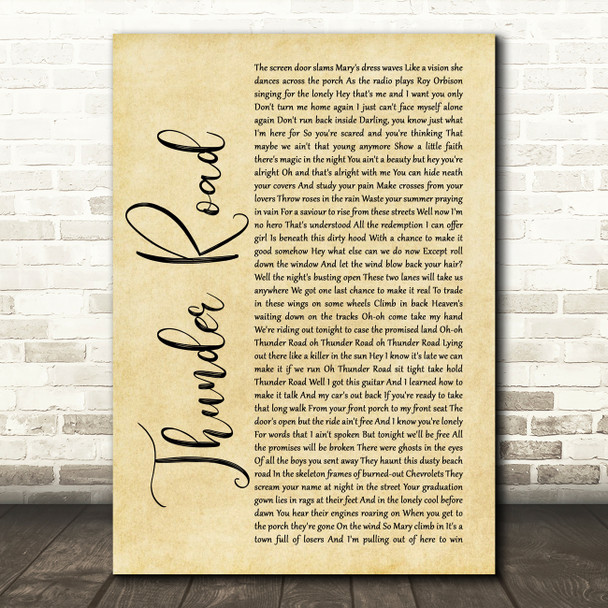 Bruce Springsteen Thunder Road Rustic Script Song Lyric Quote Print