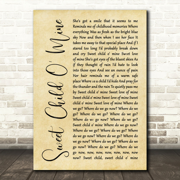 Guns N' Roses Sweet Child O' Mine Rustic Script Song Lyric Quote Print