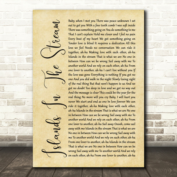 Kenny Rogers & Dolly Parton Islands In The Stream Rustic Script Song Lyric Print