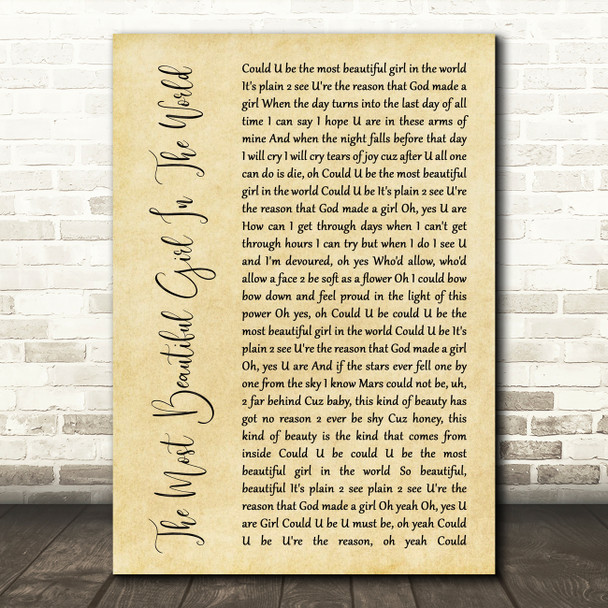 Prince The Most Beautiful Girl In The World Rustic Script Song Lyric Quote Print