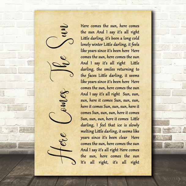 The Beatles Here Comes The Sun Rustic Script Song Lyric Quote Print