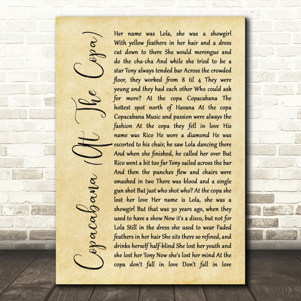 Barry Manilow Copacabana (At The Copa) Rustic Script Song Lyric Print