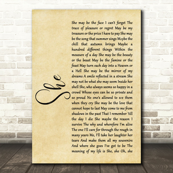 Elvis Costello She Rustic Script Song Lyric Print