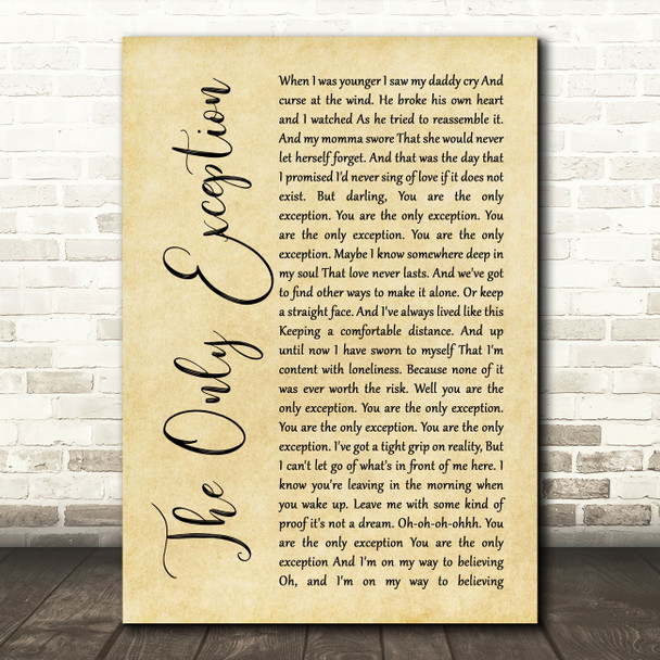 Paramore The Only Exception Rustic Script Song Lyric Print