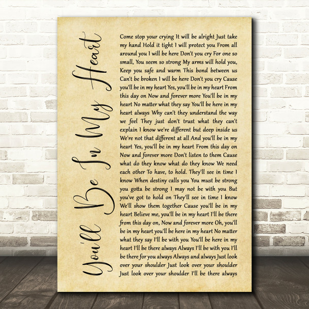 Phil Collins You'll Be In My Heart Rustic Script Song Lyric Print