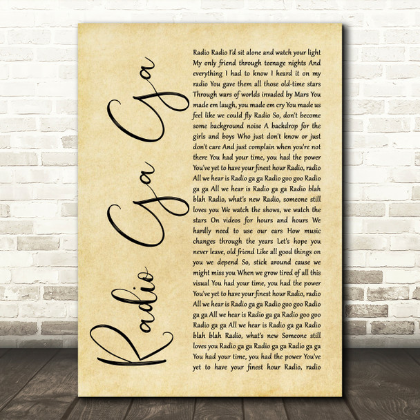 Queen Radio Ga Ga Rustic Script Song Lyric Print