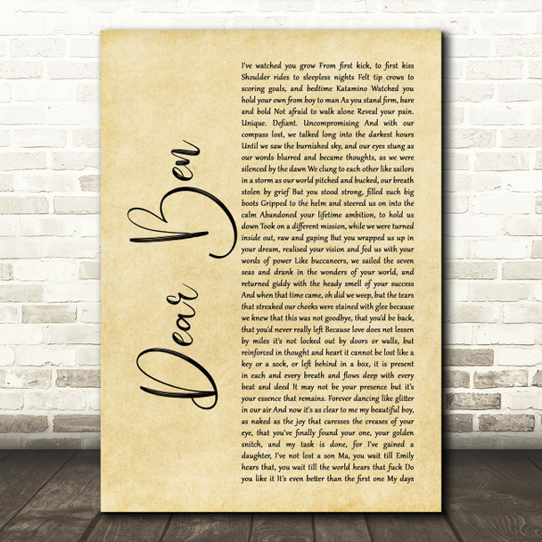 Loyle Carner & Jean Coyle-Larner Dear Ben Rustic Script Song Lyric Print