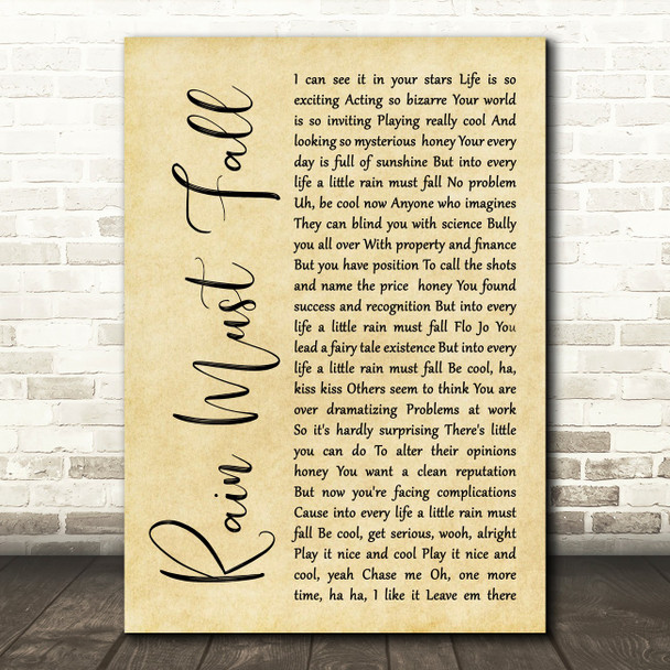 Queen Rain Must Fall Rustic Script Song Lyric Print