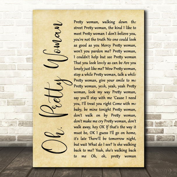 Roy Orbison Oh, Pretty Woman Rustic Script Song Lyric Print
