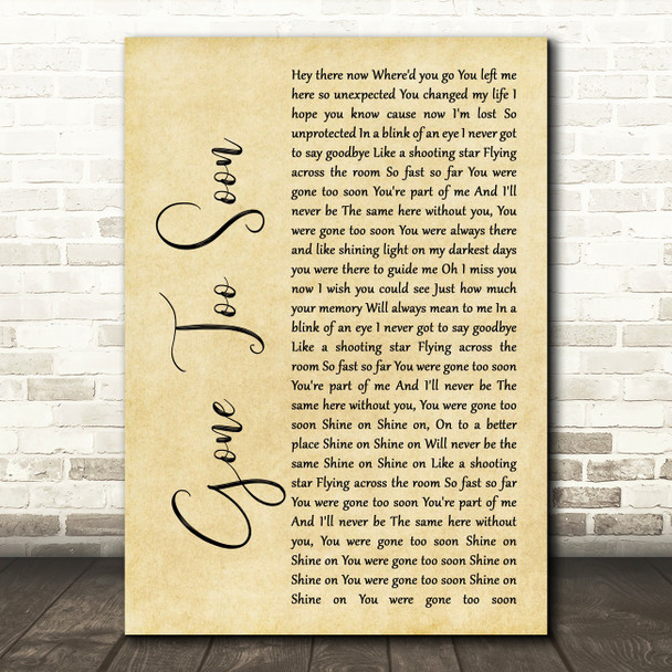 Simple Plan Gone Too Soon Rustic Script Song Lyric Print