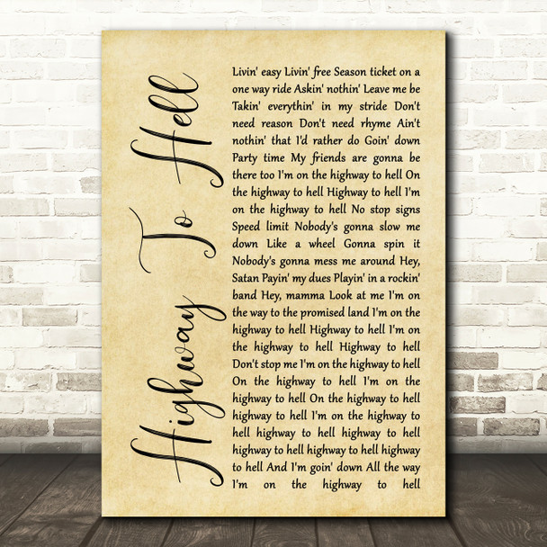 AC DC Highway To Hell Rustic Script Song Lyric Quote Print