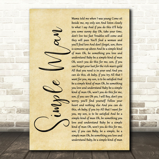 Lynyrd Skynyrd Simple Man Rustic Script Song Lyric Quote Print