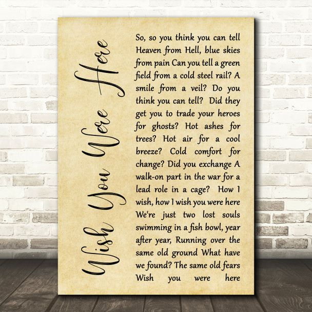 Pink Floyd Wish You Were Here Rustic Script Song Lyric Quote Print