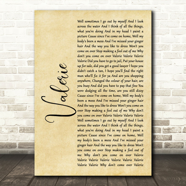 Amy Winehouse Valerie Rustic Script Song Lyric Print