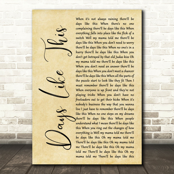 Van Morrison Days Like This Rustic Script Song Lyric Quote Print