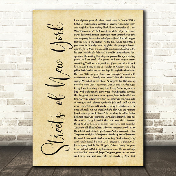 Ryan McMullan Streets of New York Rustic Script Song Lyric Music Art Print