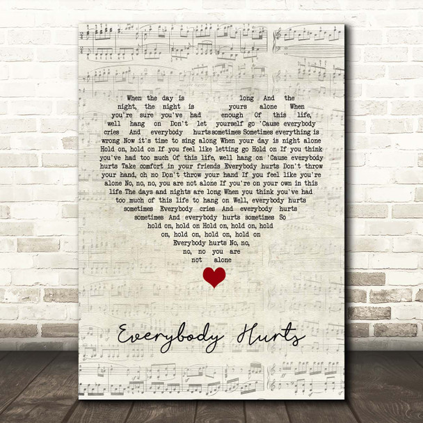 REM Everybody Hurts Script Heart Song Lyric Print