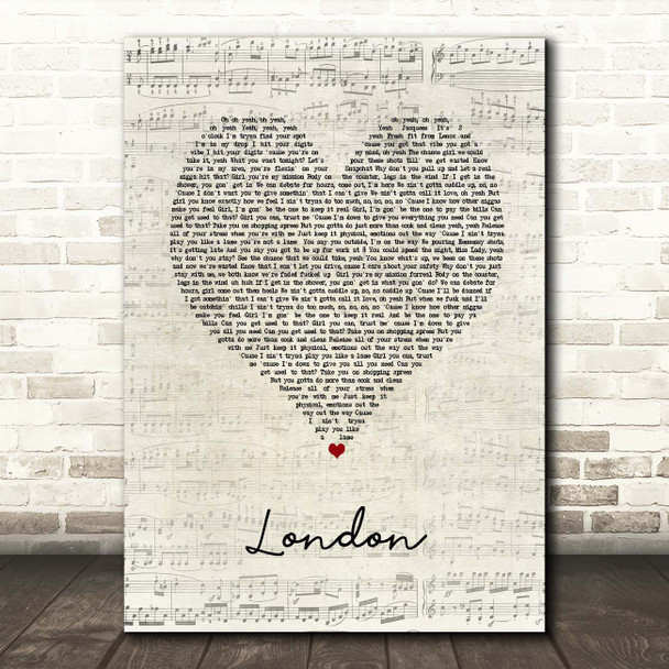 Jacquees London Script Heart Song Lyric Print