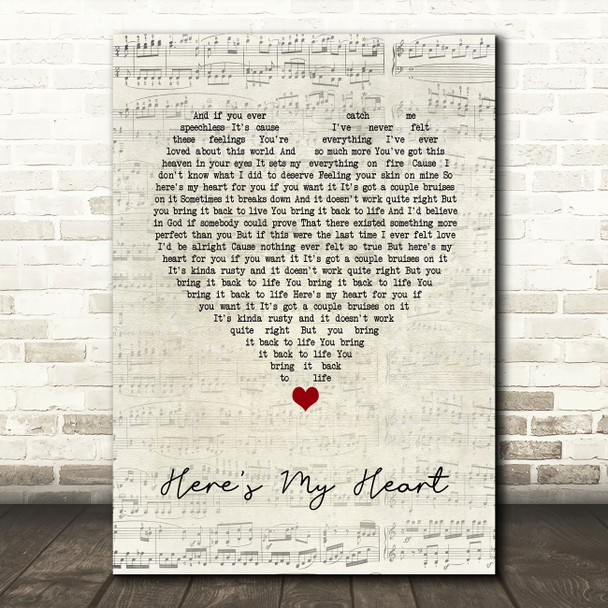 SayWeCanFly Here's My Heart Script Heart Song Lyric Wall Art Print