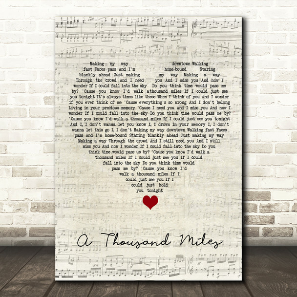 Vanessa Carlton A Thousand Miles Script Heart Song Lyric Wall Art Print