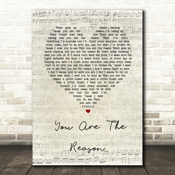 Callum Scott & Leona Lewis You Are The Reason Script Heart Song Lyric Wall Art Print