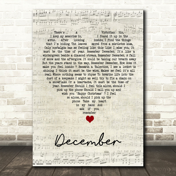 All About Eve December Script Heart Song Lyric Wall Art Print