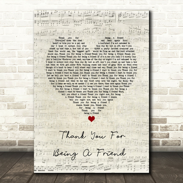 Andrew Gold Thank You For Being A Friend Script Heart Song Lyric Wall Art Print