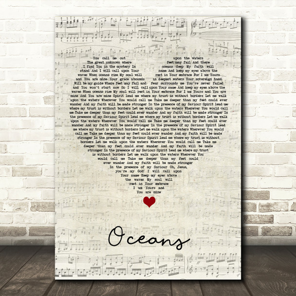 Hillsong United Oceans Script Heart Song Lyric Wall Art Print