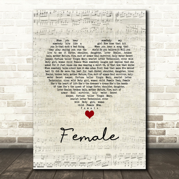 Keith Urban Female Script Heart Song Lyric Wall Art Print
