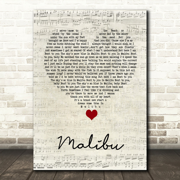 Miley Cyrus Malibu Script Heart Song Lyric Wall Art Print