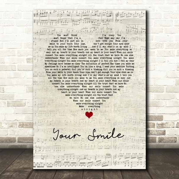 Nathan Grisdale Your Smile Script Heart Song Lyric Wall Art Print