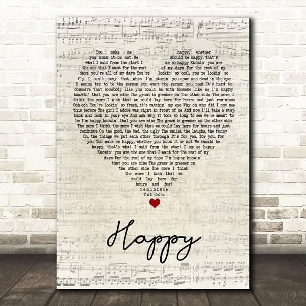 Never Shout Never Happy Script Heart Song Lyric Wall Art Print