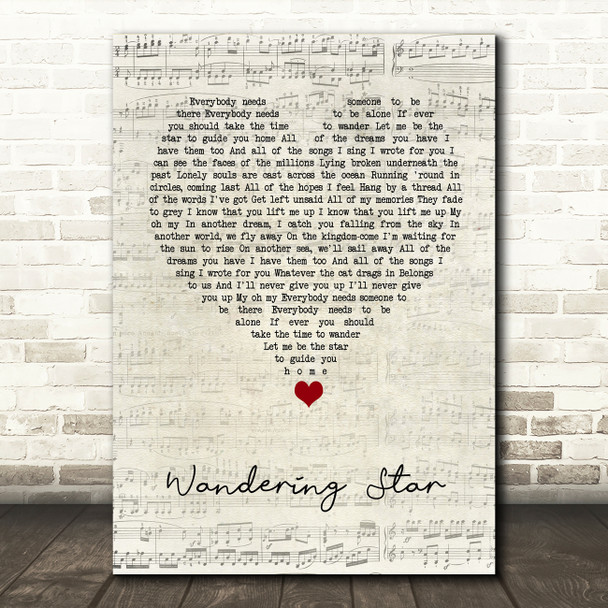 Noel Gallagher's High Flying Birds Wandering Star Script Heart Song Lyric Wall Art Print